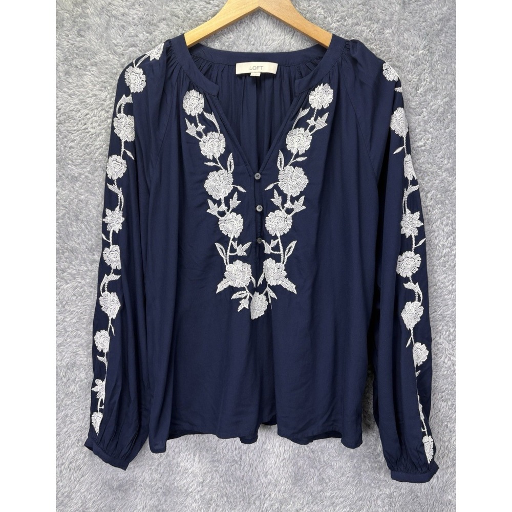 LOFT Womens XS Navy Blue Floral Embroidered Blouse Long Sleeve Boho Peasant